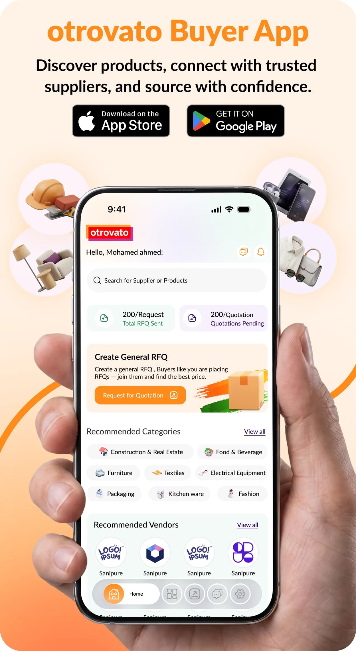 The otrovato Buyer App, available on the App Store and Google Play: discover products, connect with trusted suppliers, and source with confidence.